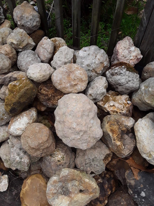 Large collection of premium Kentucky geodes piled outdoors at Fishing Creek