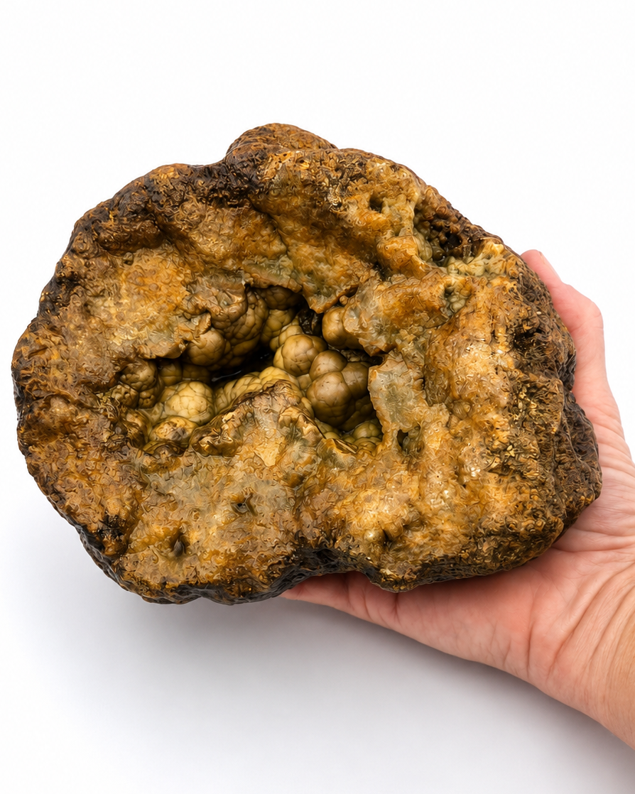 Natural Kentucky botryoidal chalcedony geode held in hand, real crystal geode rock for sale