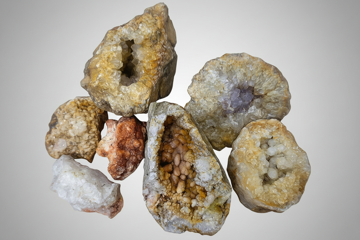 Collection of geode crystals on a light gray background